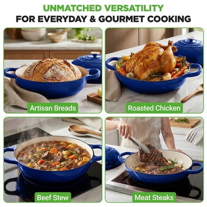 Nutrichef 10.2” Enamel-Coated Cast Iron Dome-Shaped Bread Pan With Lid Silicone Gloves Perfect For Baking Braising Roasting And Stewing (Blue)