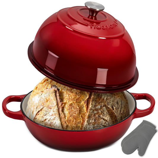 Nutrichef 10.2” Enamel-Coated Cast Iron Dome-Shaped Bread Pan With Lid Handles And Silicone Gloves Perfect For Baking Braising Roasting And Stewing (Red)