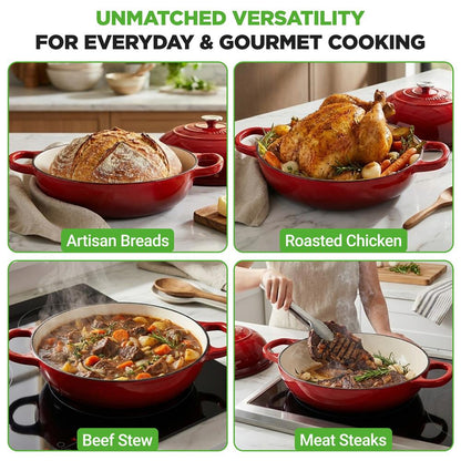 Nutrichef 10.2” Enamel-Coated Cast Iron Dome-Shaped Bread Pan With Lid Handles And Silicone Gloves Perfect For Baking Braising Roasting And Stewing (Red)