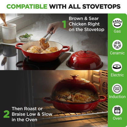 Nutrichef 10.2” Enamel-Coated Cast Iron Dome-Shaped Bread Pan With Lid Handles And Silicone Gloves Perfect For Baking Braising Roasting And Stewing (Red)