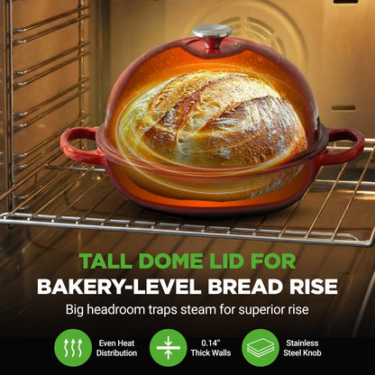 Nutrichef 10.2” Enamel-Coated Cast Iron Dome-Shaped Bread Pan With Lid Handles And Silicone Gloves Perfect For Baking Braising Roasting And Stewing (Red)