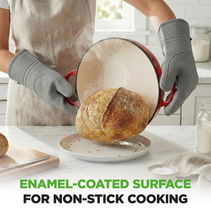 Nutrichef 10.2” Enamel-Coated Cast Iron Dome-Shaped Bread Pan With Lid Handles And Silicone Gloves Perfect For Baking Braising Roasting And Stewing (Red)