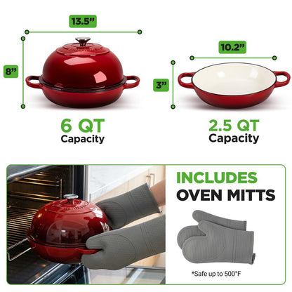Nutrichef 10.2” Enamel-Coated Cast Iron Dome-Shaped Bread Pan With Lid Handles And Silicone Gloves Perfect For Baking Braising Roasting And Stewing (Red)