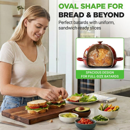 Nutrichef 10.2” Enamel-Coated Cast Iron Dome-Shaped Bread Pan With Lid Handles And Silicone Gloves Perfect For Baking Braising Roasting And Stewing (Red)