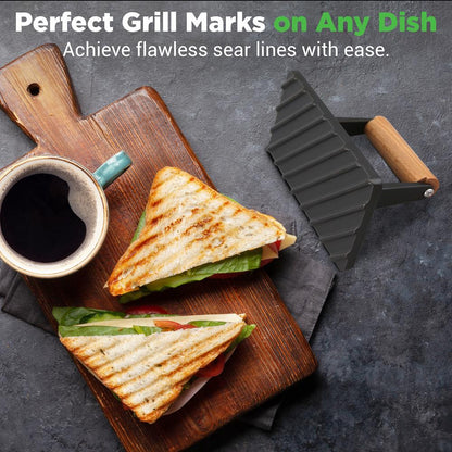 Cast Iron Grill Press - Speeds Cooking - Beech Wood Handle
