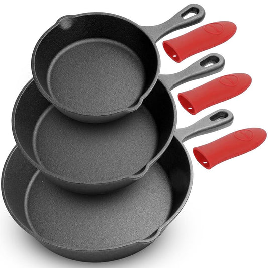 3pc Cast Iron Skillet Set - Nonstick Even Heat Silicone Handles
