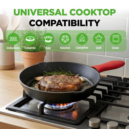 3pc Cast Iron Skillet Set - Nonstick Even Heat Silicone Handles