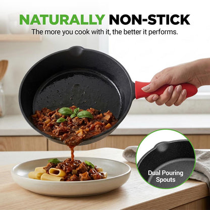 3pc Cast Iron Skillet Set - Nonstick Even Heat Silicone Handles