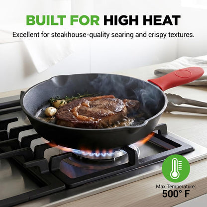 3pc Cast Iron Skillet Set - Nonstick Even Heat Silicone Handles