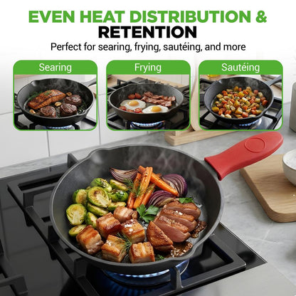 3pc Cast Iron Skillet Set - Nonstick Even Heat Silicone Handles