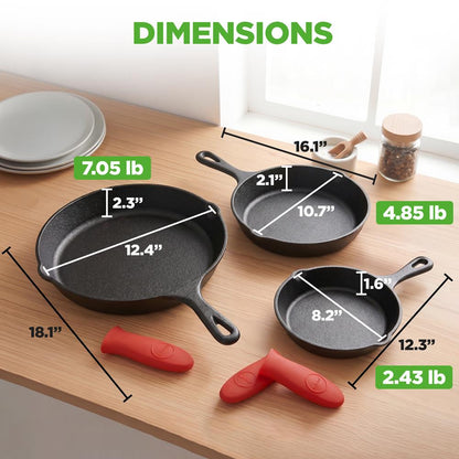 3pc Cast Iron Skillet Set - Nonstick Even Heat Silicone Handles