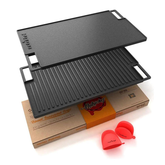 Reversible Cast Iron Grill Pan Even Heat 18 Flat & Ridged Includes Mitt