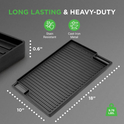 Reversible Cast Iron Grill Pan Even Heat 18 Flat & Ridged Includes Mitt