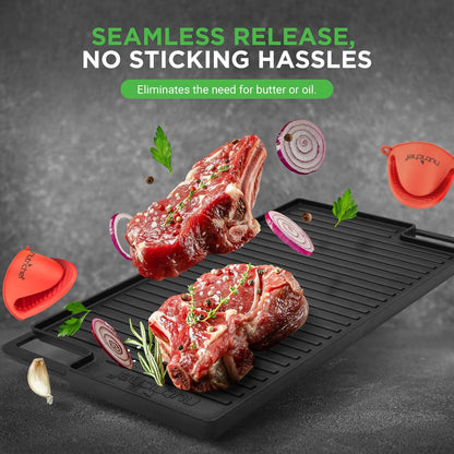 Reversible Cast Iron Grill Pan Even Heat 18 Flat & Ridged Includes Mitt