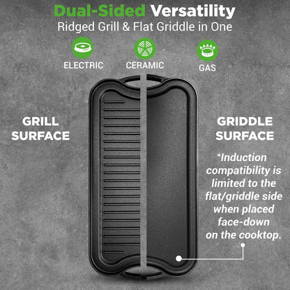 Reversible Cast Iron Griddle - Even Heat Extra-Wide Oven Safe