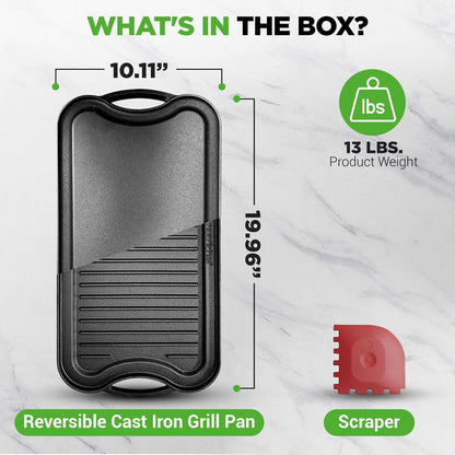 Reversible Cast Iron Griddle - Even Heat Extra-Wide Oven Safe