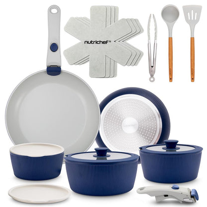 18-Piece Stylish Kitchen Cookware Set - Ceramic Nonstick Pots & Pans With Detachable Handles (Blue)