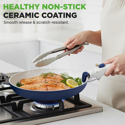 18-Piece Stylish Kitchen Cookware Set - Ceramic Nonstick Pots & Pans With Detachable Handles (Blue)