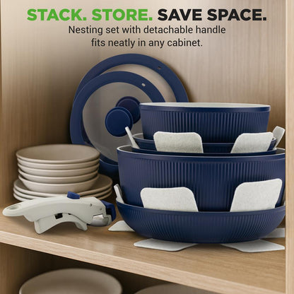 18-Piece Stylish Kitchen Cookware Set - Ceramic Nonstick Pots & Pans With Detachable Handles (Blue)