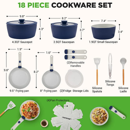 18-Piece Stylish Kitchen Cookware Set - Ceramic Nonstick Pots & Pans With Detachable Handles (Blue)
