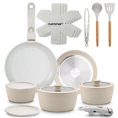 18-Piece Stylish Kitchen Cookware Set - Ceramic Nonstick Pots & Pans With Detachable Handles (Cream)