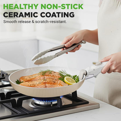 18-Piece Stylish Kitchen Cookware Set - Ceramic Nonstick Pots & Pans With Detachable Handles (Cream)