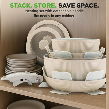 18-Piece Stylish Kitchen Cookware Set - Ceramic Nonstick Pots & Pans With Detachable Handles (Cream)