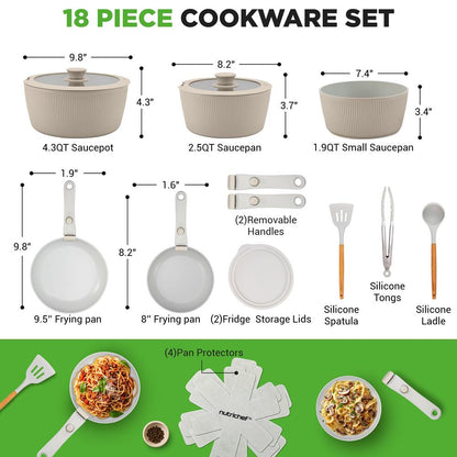 18-Piece Stylish Kitchen Cookware Set - Ceramic Nonstick Pots & Pans With Detachable Handles (Cream)