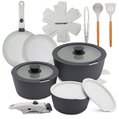 18-Piece Stylish Kitchen Cookware Set - Ceramic Nonstick Pots & Pans With Detachable Handles (Gray)