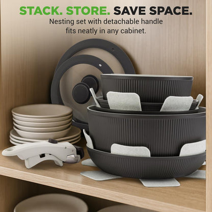 18-Piece Stylish Kitchen Cookware Set - Ceramic Nonstick Pots & Pans With Detachable Handles (Gray)