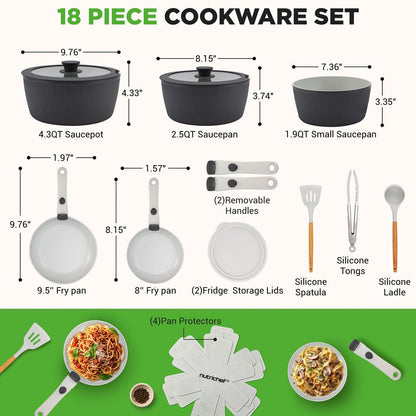 18-Piece Stylish Kitchen Cookware Set - Ceramic Nonstick Pots & Pans With Detachable Handles (Gray)