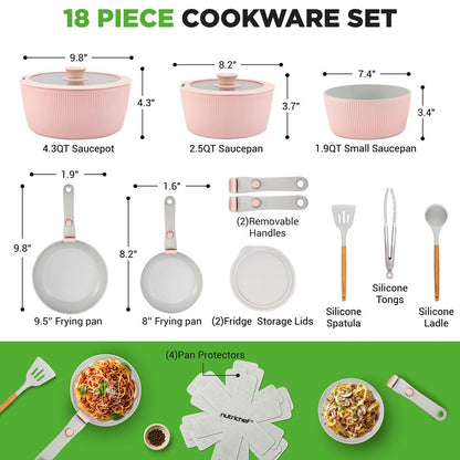 18-Piece Stylish Kitchen Cookware Set - Ceramic Nonstick Pots & Pans With Detachable Handles (Pink)