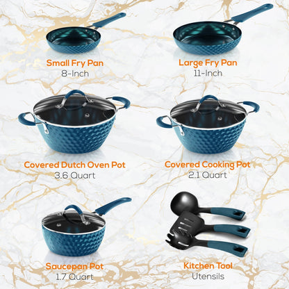 11 Pc Non-Stick Cookware Set Even Heat Ceramic Coating Royal Blue