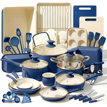 54-Piece Cookware Set Even Heat Ceramic Non-Stick Blue Gray
