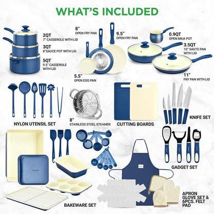 54-Piece Cookware Set Even Heat Ceramic Non-Stick Blue Gray