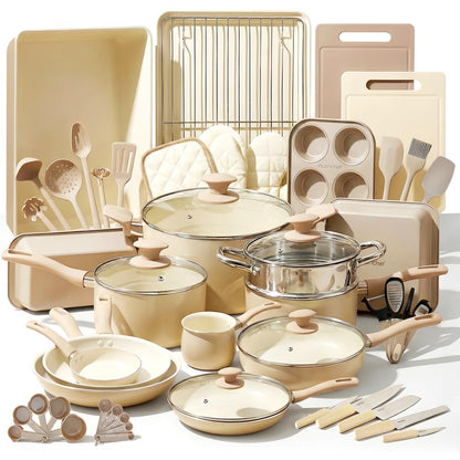 54-Piece Non-Stick Cookware Set Even Heat Ceramic Coating Taupe Brown