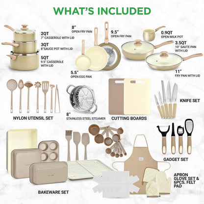 54-Piece Non-Stick Cookware Set Even Heat Ceramic Coating Taupe Brown