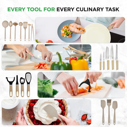 54-Piece Non-Stick Cookware Set Even Heat Ceramic Coating Taupe Brown