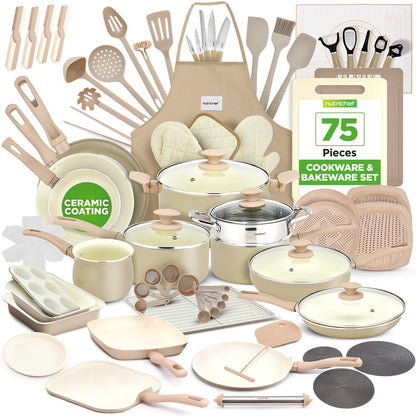 75-Piece Non-Stick Cookware Set Ceramic Coating Cream/Brown