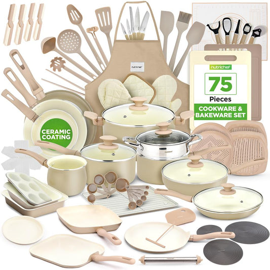 75-Piece Non-Stick Cookware Set Ceramic Coating Cream/Brown