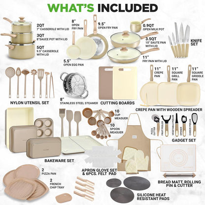 75-Piece Non-Stick Cookware Set Ceramic Coating Cream/Brown