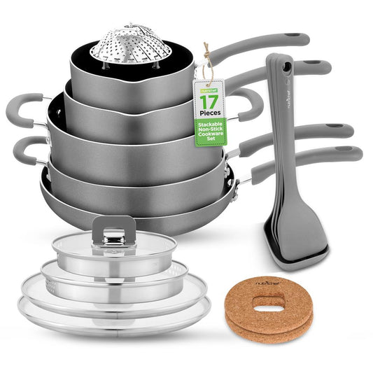 17-Piece Non-Stick Cookware Set - Space-Saving Induction Foldable Knob