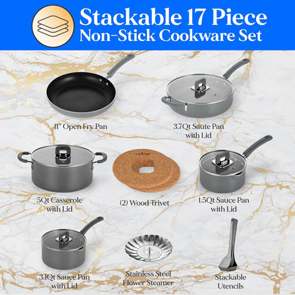 17-Piece Non-Stick Cookware Set - Space-Saving Induction Foldable Knob
