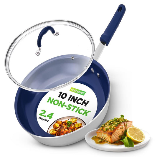 10 Nonstick Fry Pan with Lid Ceramic Coating Blue Silicone Handle