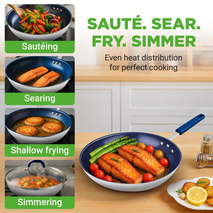 10 Nonstick Fry Pan with Lid Ceramic Coating Blue Silicone Handle