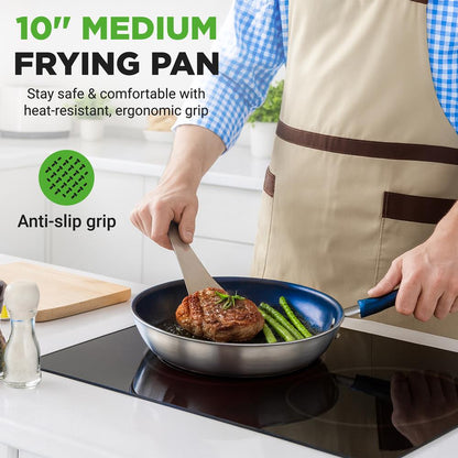 10 Nonstick Fry Pan with Lid Ceramic Coating Blue Silicone Handle