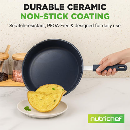 10 Nonstick Fry Pan - Easy Clean Ceramic Coating Blue Silicone Handle