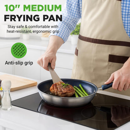 10 Nonstick Fry Pan - Easy Clean Ceramic Coating Blue Silicone Handle