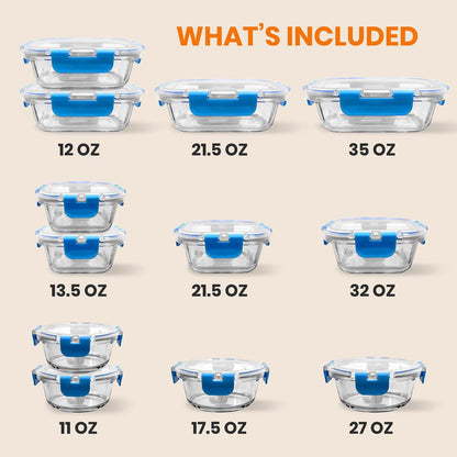 24-Piece Glass Food Storage Set Airtight Leak-Proof Blue