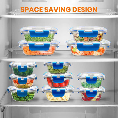 24-Piece Glass Food Storage Set Airtight Leak-Proof Blue